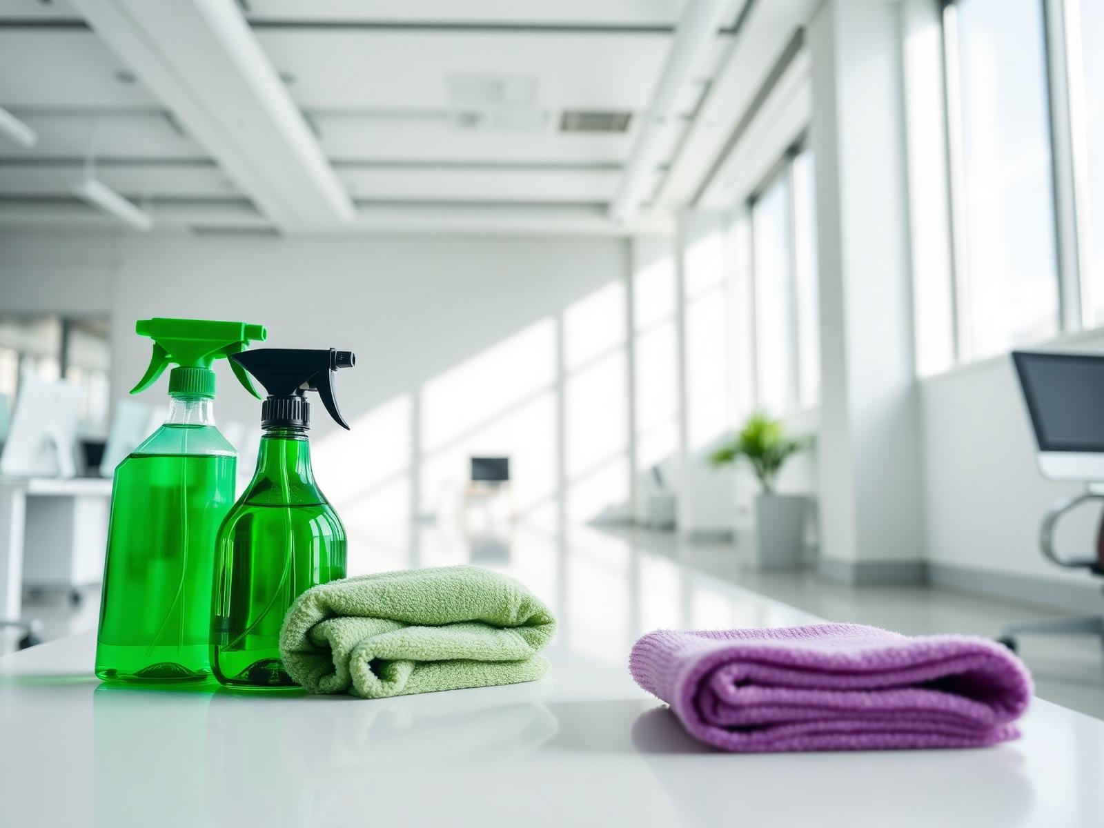 Bright office space with green cleaning supplies